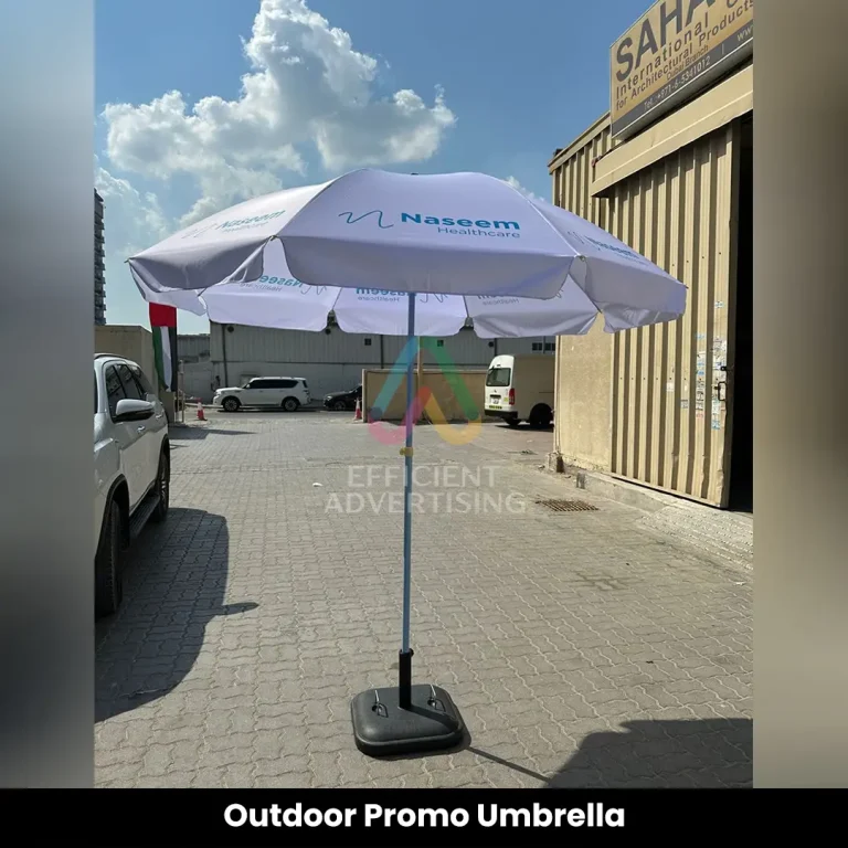 Outdoor Promotional Umbrellas in Backdrops by Efficient Advertising Dubai